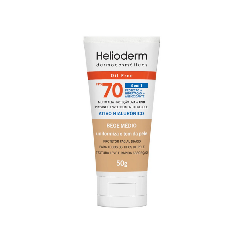 Protetor Solar Facial Helioderm Oil Free 3 em 1 FPS 70 Cor Bege Médio 50g